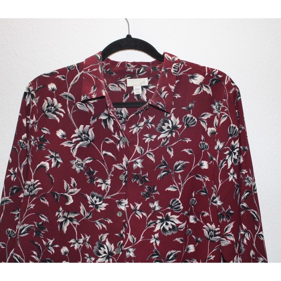 J Jill Women's Large Burgundy Floral Print Long Sleeve Button Up Shirt - Picture 2 of 8